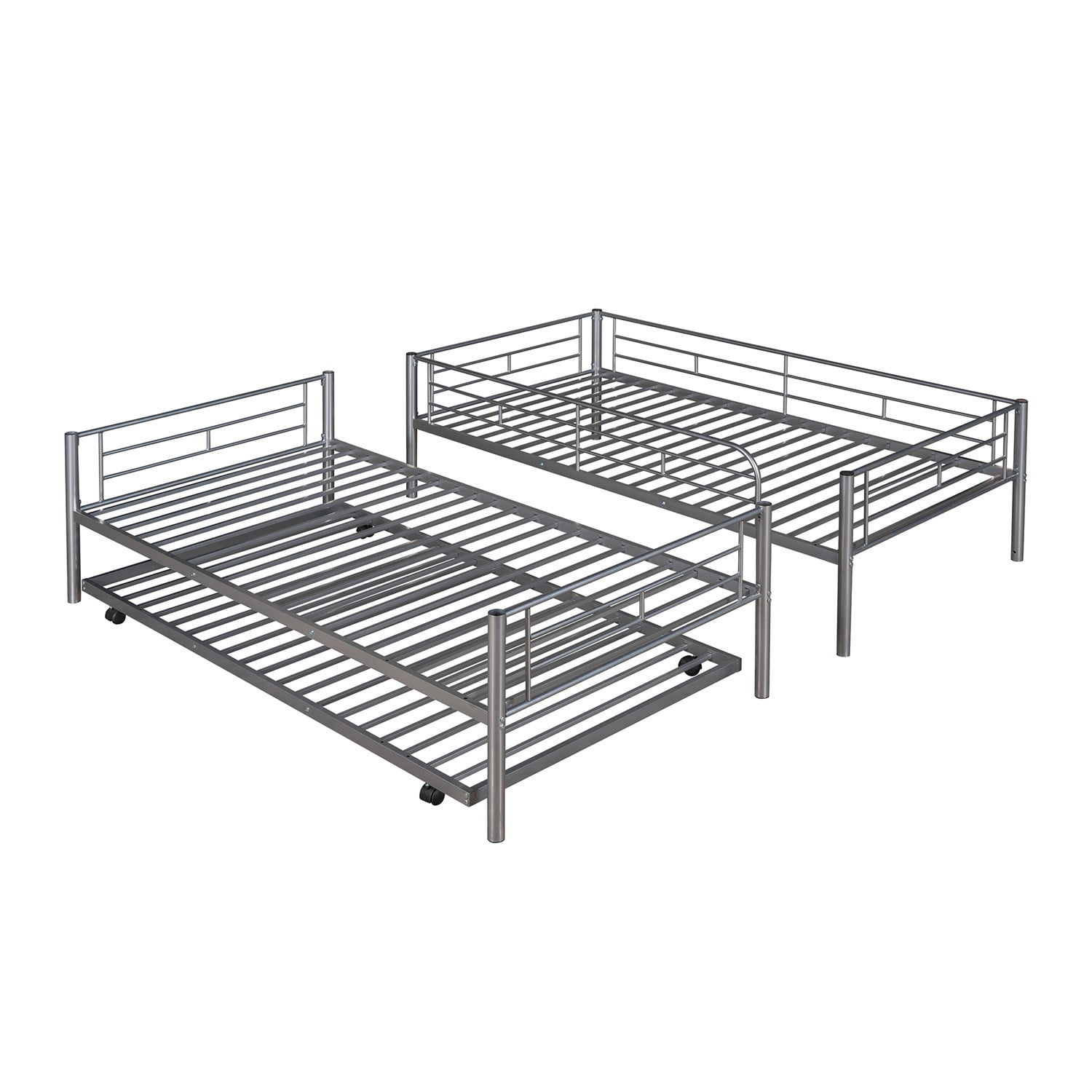 Kadyn Metal Bunk Bed, Twin-Over-Twin Bed with Trundle, Can be Divided into two beds, Modern Bunk Bed Frame for Juniors, Silver