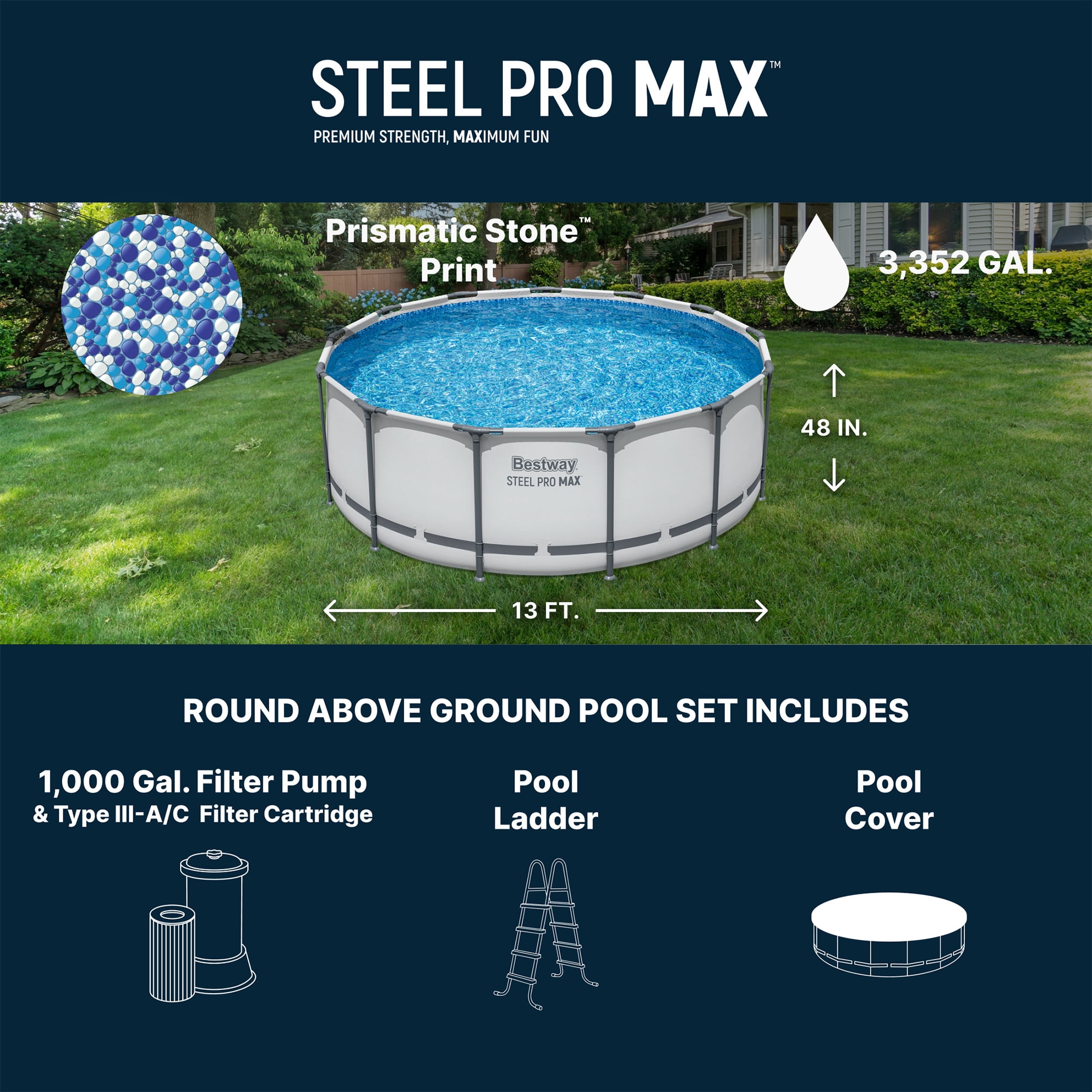 Bestway Steel Pro MAX 13'x48" Metal Frame Above Ground Pool Set w/ Pump, Ladder, & Cover