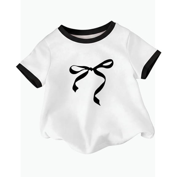 REDARER Girls Ringer T-Shirt Bow Print Short Sleeve Solid Cute Casual Soft Cotton Daily Wear Tee,7-8 Years