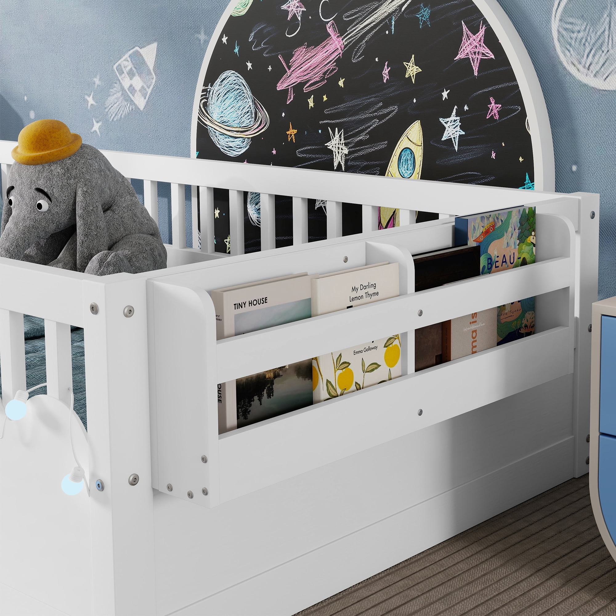 Euroco Wood Twin Size Montessori Floor Bed with Guardrails and LED Light, Kids Bed with Storage Shelves, White