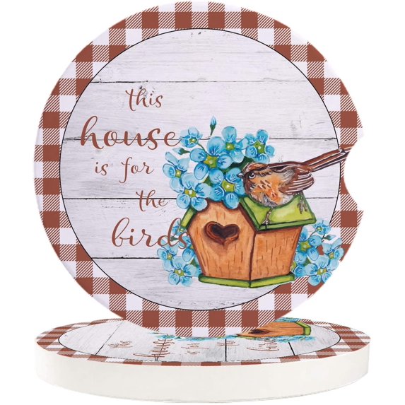 FMSHPON Spring Fresh Flower and Bird Lattice Plaid Set of 6 Car Coaster for Drinks, Absorbent Ceramic Stone Coasters Cup Mat with Cork Base for Home Kitchen Room Coffee Table Bar Decor