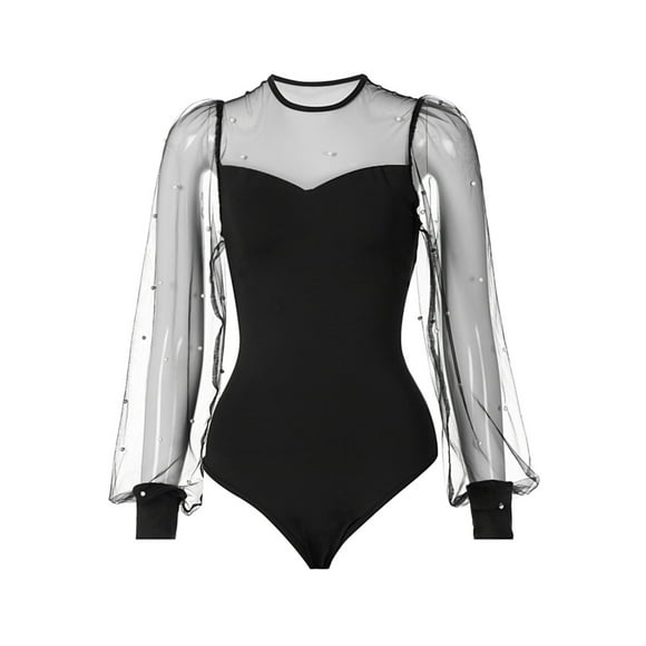 Sylvamorning Women's Round Collar Mesh Solid Color Hollow Long Sleeve Bodysuit