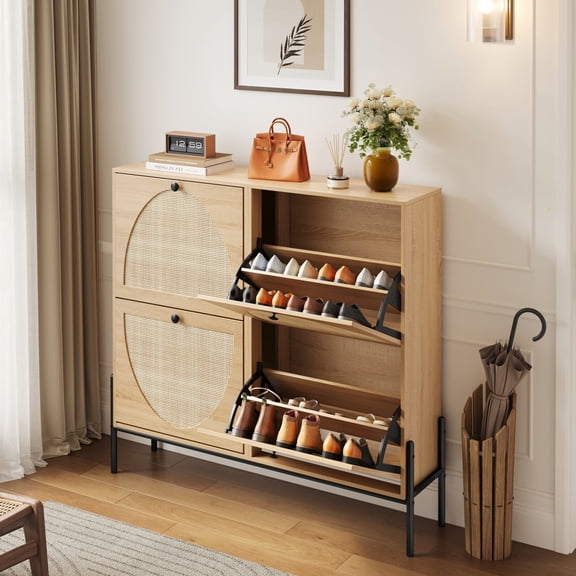 Rattan Shoe Cabinet with 4 Flip-Down Doors, Narrow Entryway Storage Organizer for Hallways Living Room, Oak