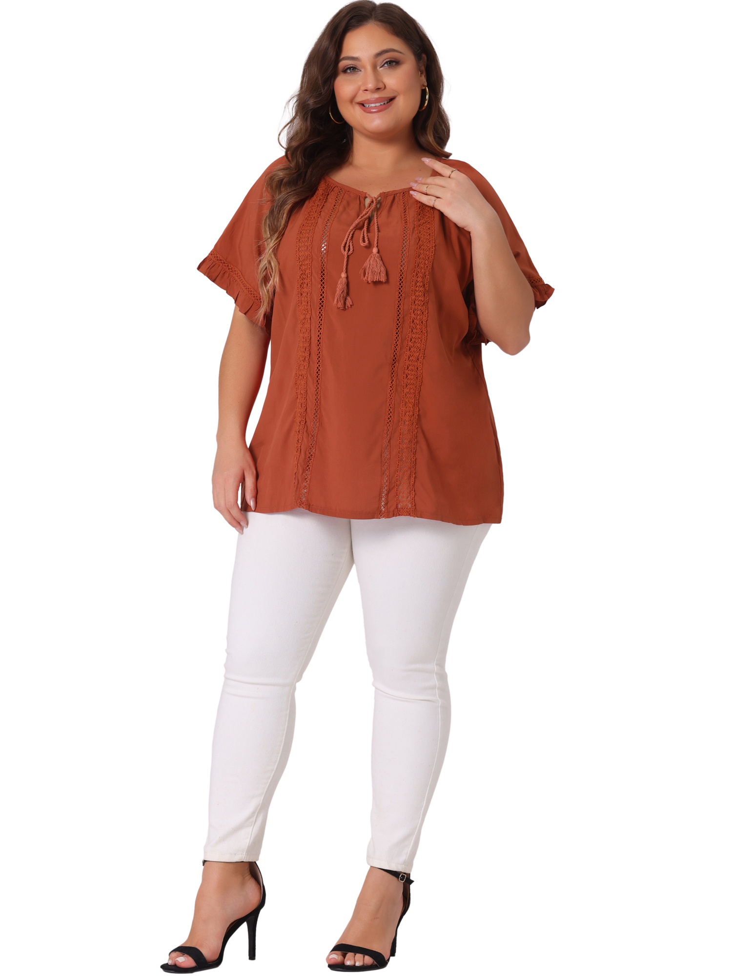DARING DIVA Women's Plus Tie Neck Ruffle Short Sleeves Blouse 1X Caramel