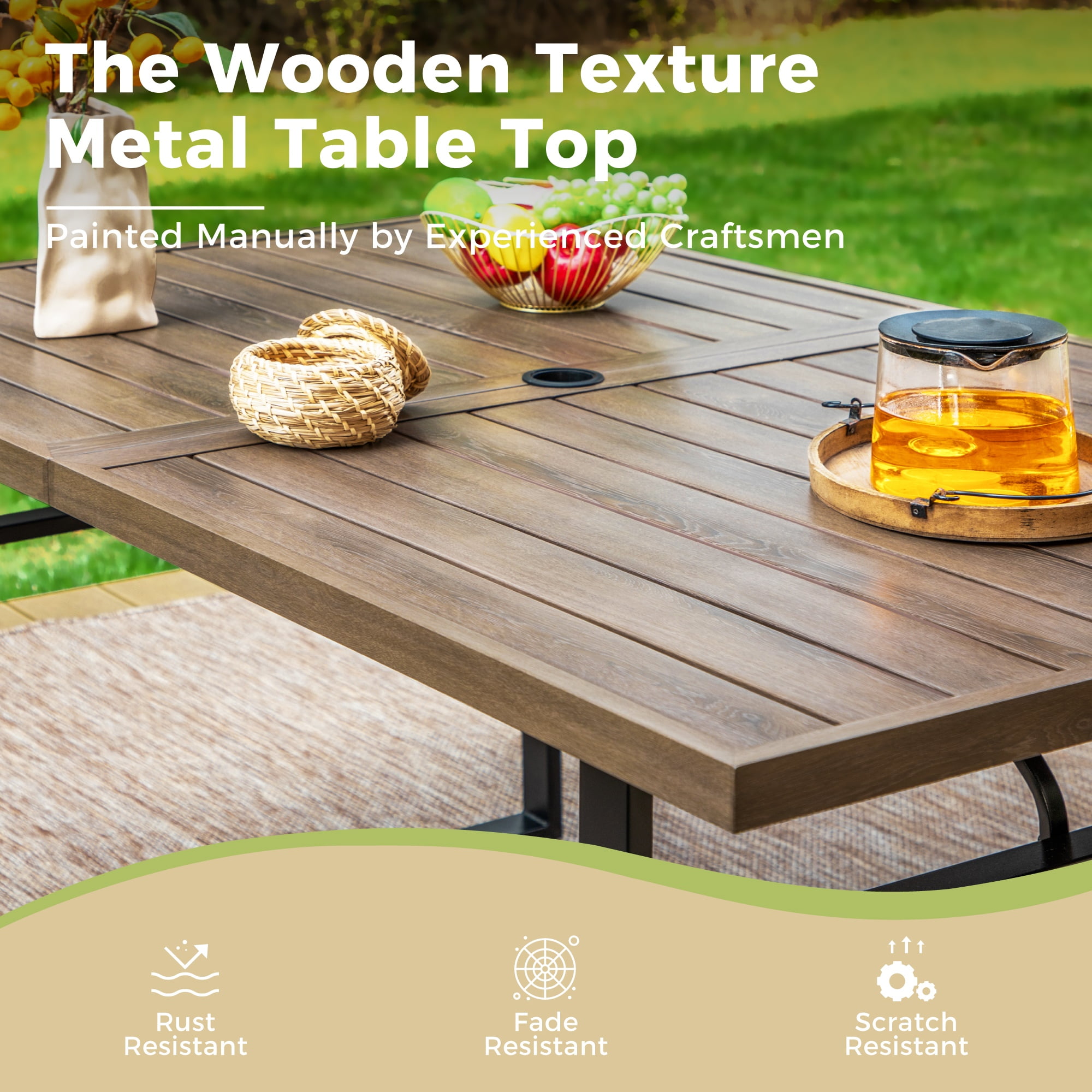 7-Piece Outdoor Patio Dining Set for 6, All-Weather Rattan Chairs and 64" Rectangular Wood-Like Table with Umbrella Hole