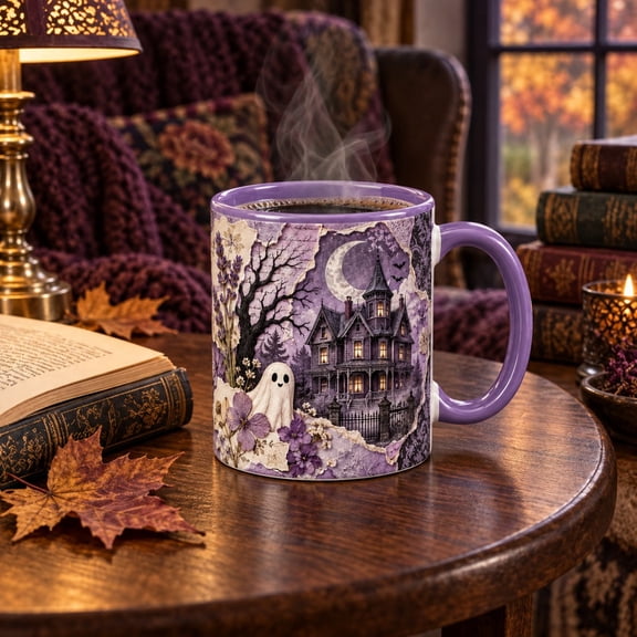 Coffee Mug Purple Haunted Mansion Collage with Ghost and Crescent Moon for Cozy Sips, Halloween Gift
