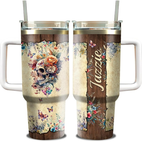 Personalized Rose And Skulls 40oz Tumbler with Handle and Straw Lid Double Wall Vacuum Travel Coffee Mug Insulated Stainless Steel Drinking Cups Custom Name Gift for Friends Skull Lovers