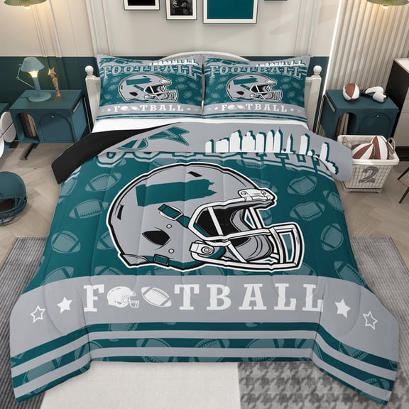 jejeloiu Green Football City Twin Comforter Sets,Rugby Ball Games Bedding Set For Boys Teens Reversible 2-Piece