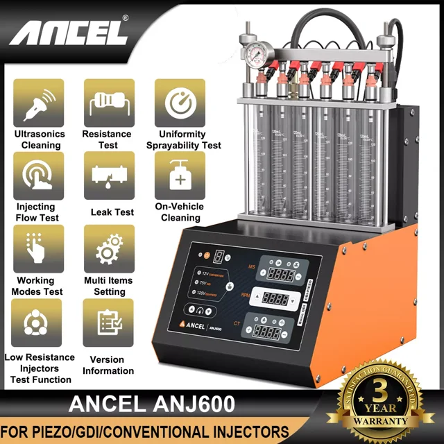 ANCEL ANJ600 6-Cylinder GDI Piezo Fuel Injector Cleaner, 110V Ultrasonic Cleaner Machine Tester Car Nozzle Ultrasonic Cleaning & Diagnostic Tester