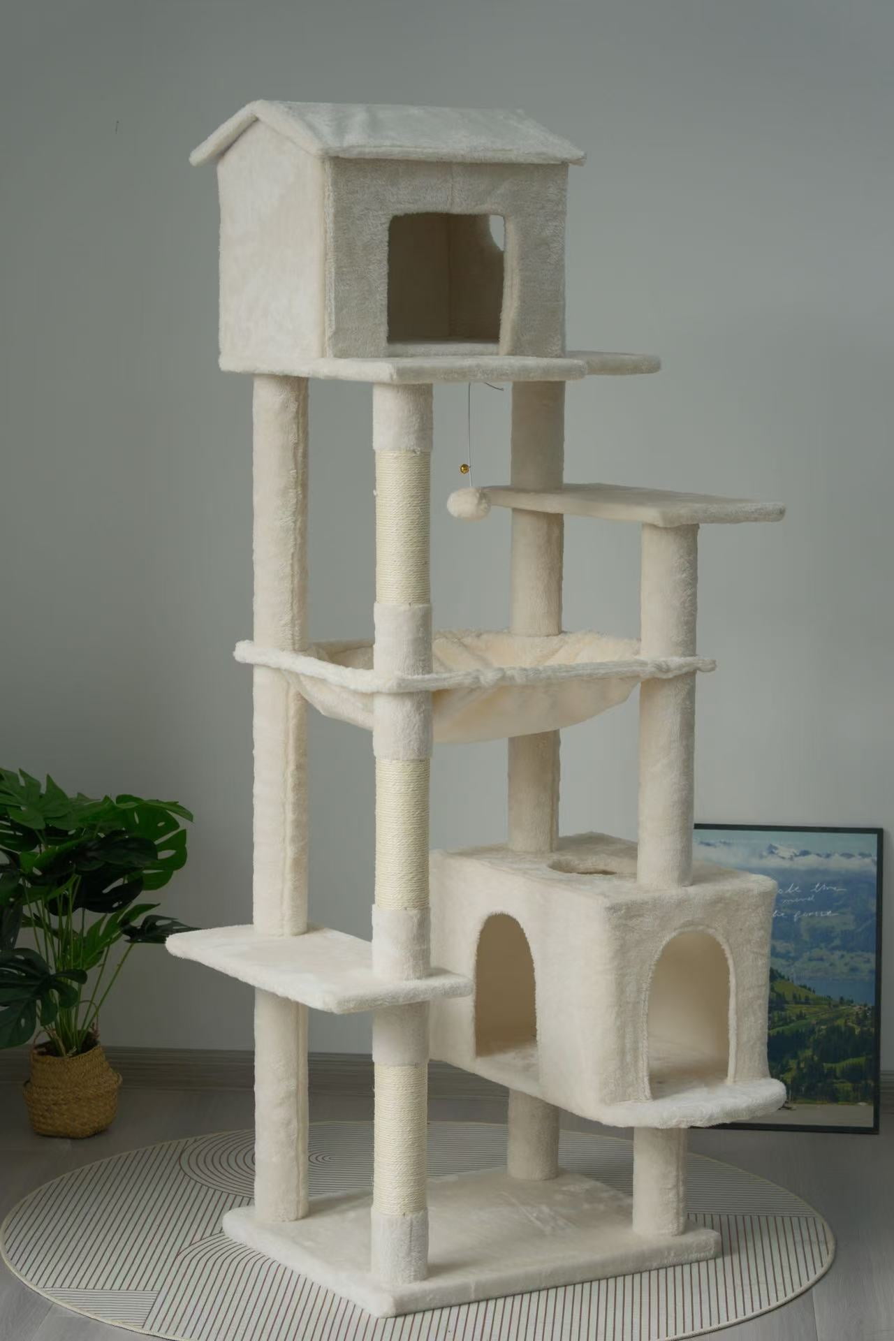 64in Cat Tree with Unique Cat House, Hammock, Scratching Posts - Plush Cat Tower for Indoor Cats, Ideal for Multiple Cats