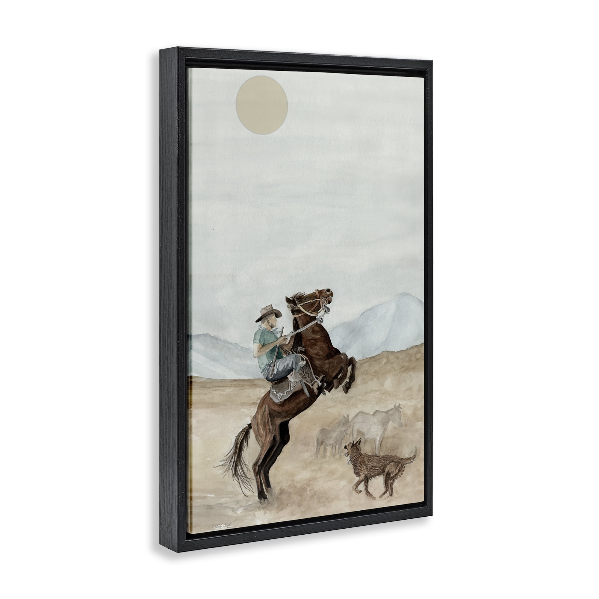 Stupell Industries Rearing Horse & Dog People Painting Black Floater Framed Canvas Art Print Wall Art, 21 x 31