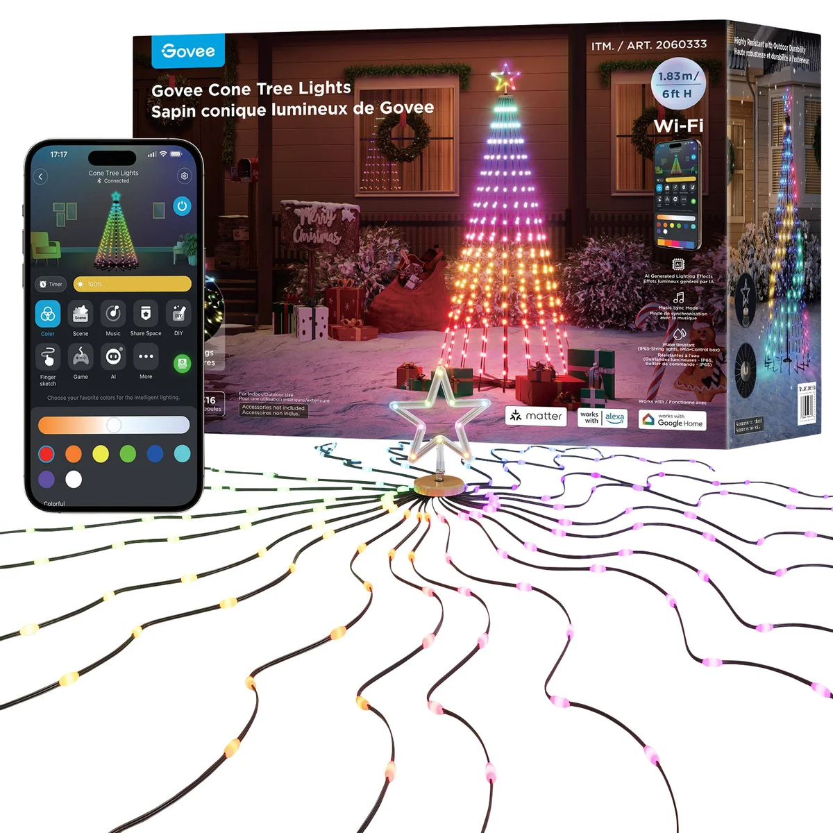 Programmable Led Cone Govee 6ft (182 cm) LED Cone Tree Lights – Smart RGBIC Holiday ...