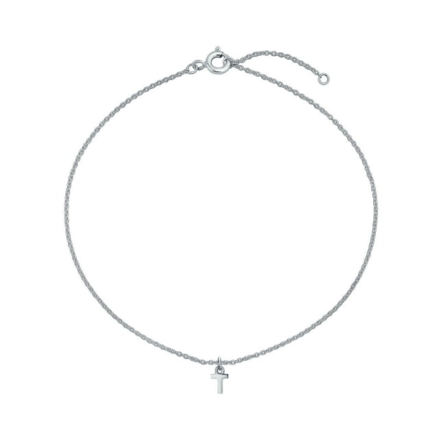 Personalized Simple Dainty Name Dangle Alphabet Block Letter Ankle Bracelet T Initial Anklet for Women for Teen .925 Sterling Silver Adjustable 9 10 Inch Cable Chain With Extender