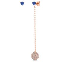 Gem Stone King Asymmetrical Blue Created Sapphire Drop Chain Earrings for Women in 18K Rose Gold Plated Silver | 1.16 Cttw | September Birthstone | Trillion Cut 4MM | Mismatched Dangle Earrings