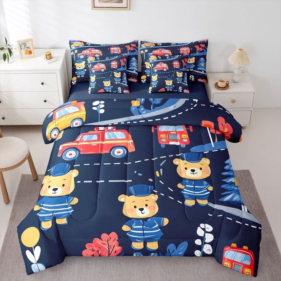 Castle Fairy Cartoon Bear Firefighter Twin Bedding Sets,Car Bedding Comforter Set