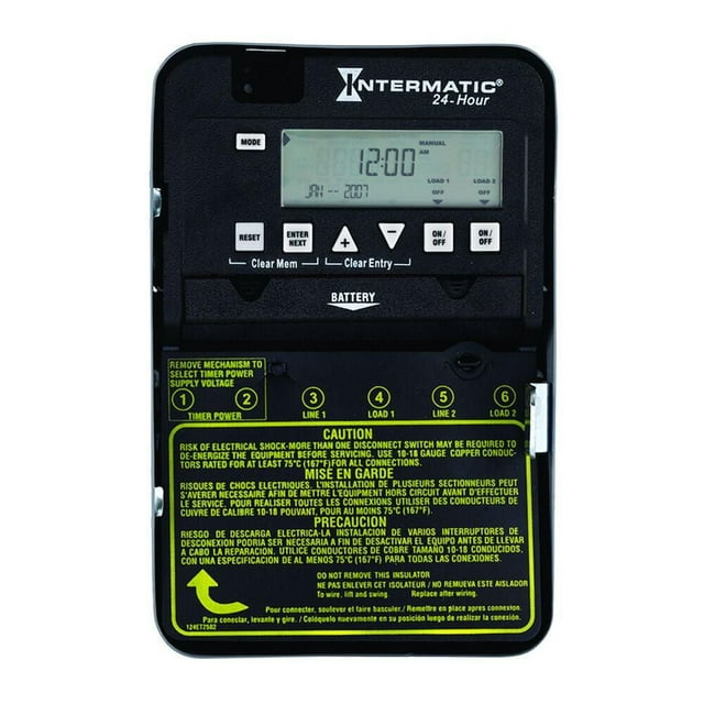 Intermatic 24-hour 2-circuit electronic timer control with LCD screen, mode and reset buttons, housed in a black indoor metal enclosure.