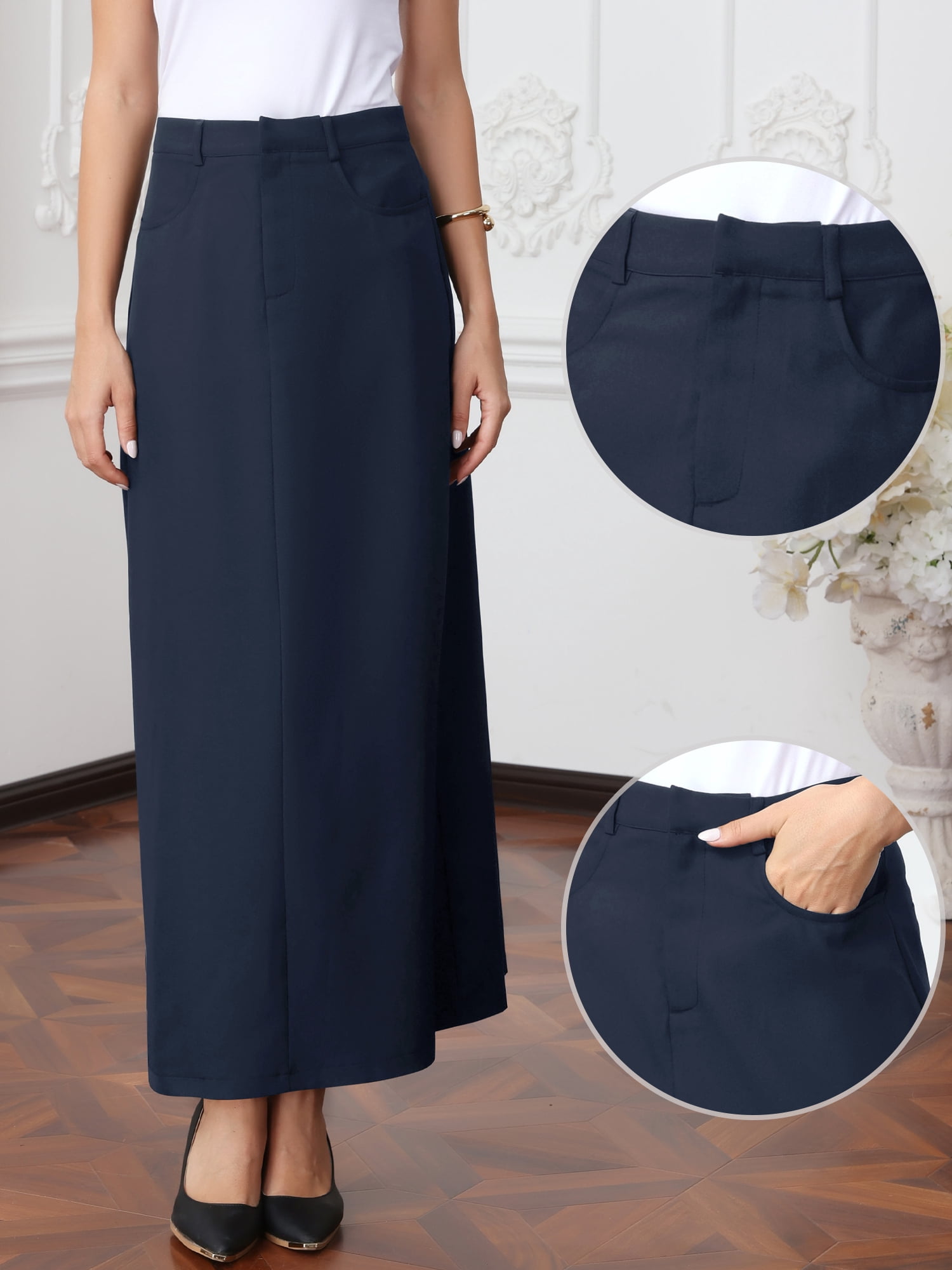 DARING DIVA Women's Pencil Long Skirt High Waist Pockets Midi Skirts XL Dark Blue