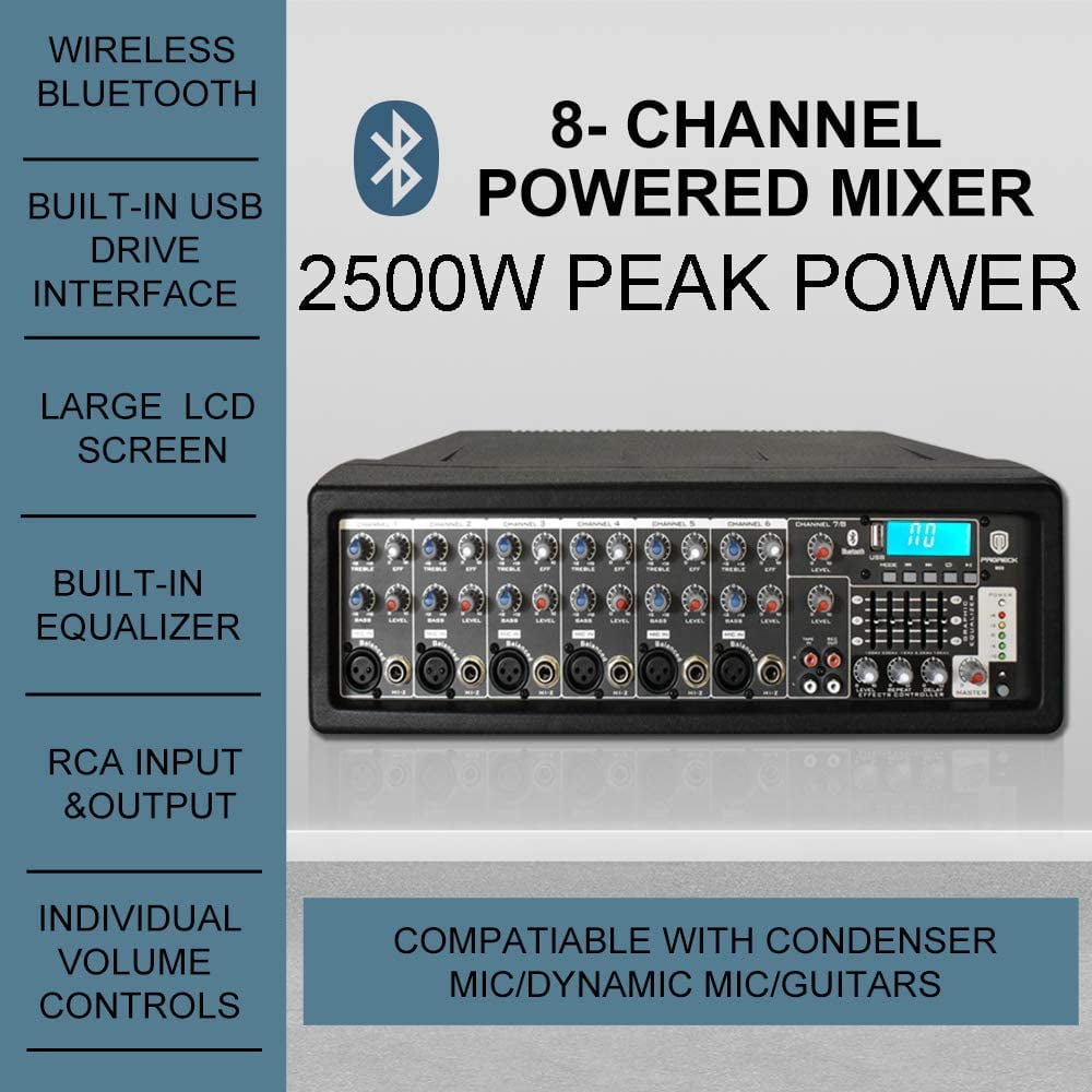 PRORECK MX8 2500 P.M.P.O 8 Channel Compact Studio Powered Mixer with Built In Effects & USB Audio Interface for Party/Meeting/Wedding