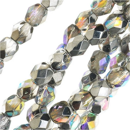 Czech Fire Polished Glass, Faceted Round Beads 4mm, 40 Pieces, Crystal Silver Rainbow