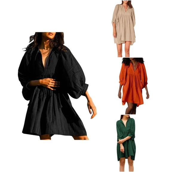 Antinious Women Fashion Casual Solid 3/4 Sleeve V-Neck Knee High Versatile Stylish Dress