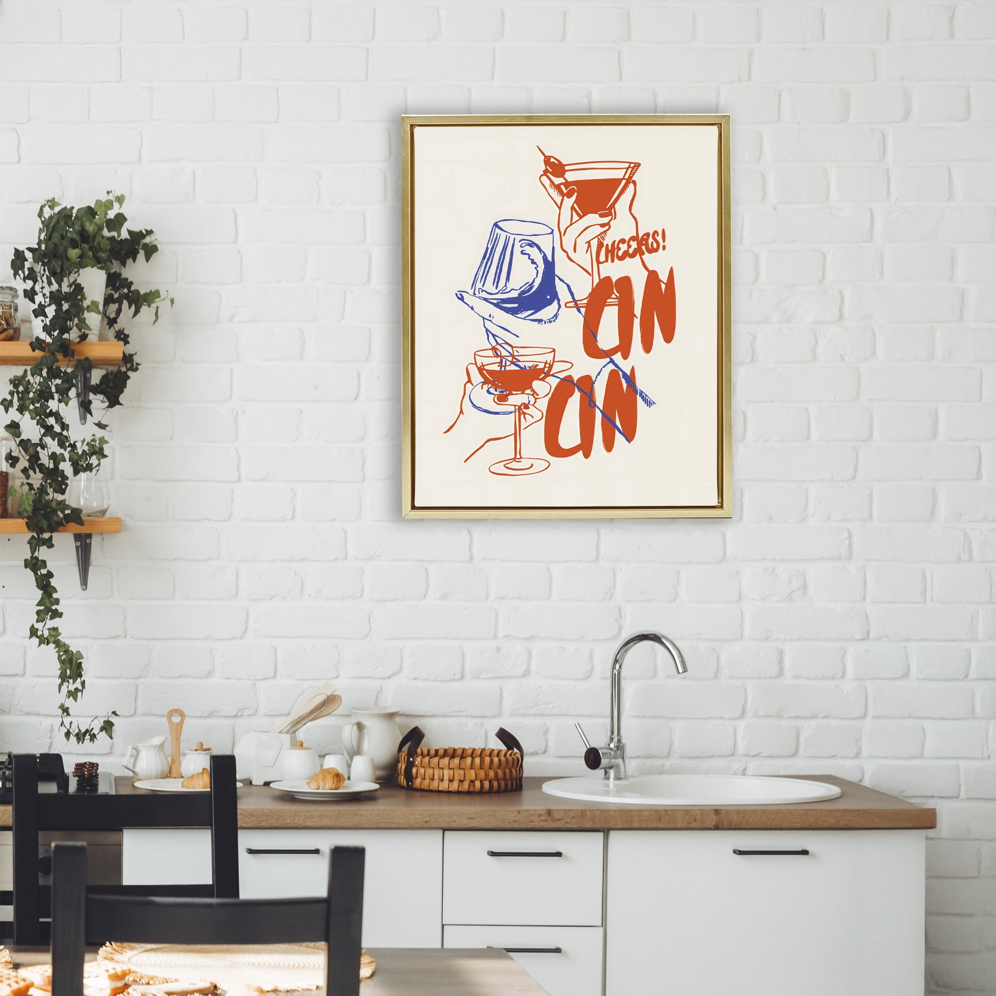 Stupell Industries Retro Cheers Cocktail Toast Gold Framed Floater Canvas Wall Art, design by The Prints Vibe
