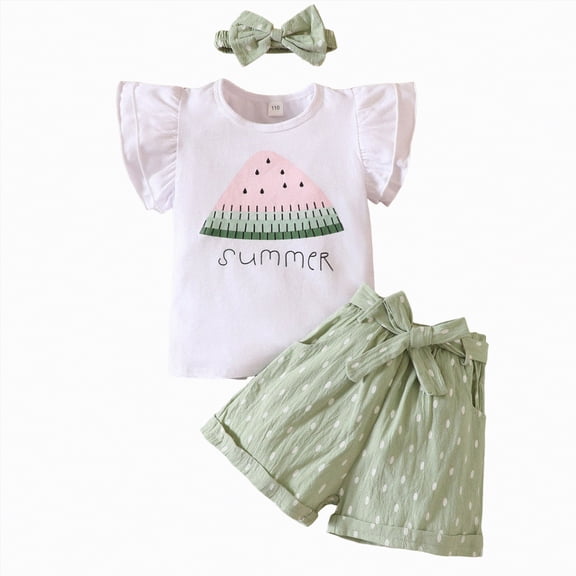 Gibobby Toddler Baby Girls T-Shirts 2PCS Outfit Kids Girls Summer Short Sleeve Print Tees Tops Shorts Cute Clothes Sets for,2-3 Years,Green