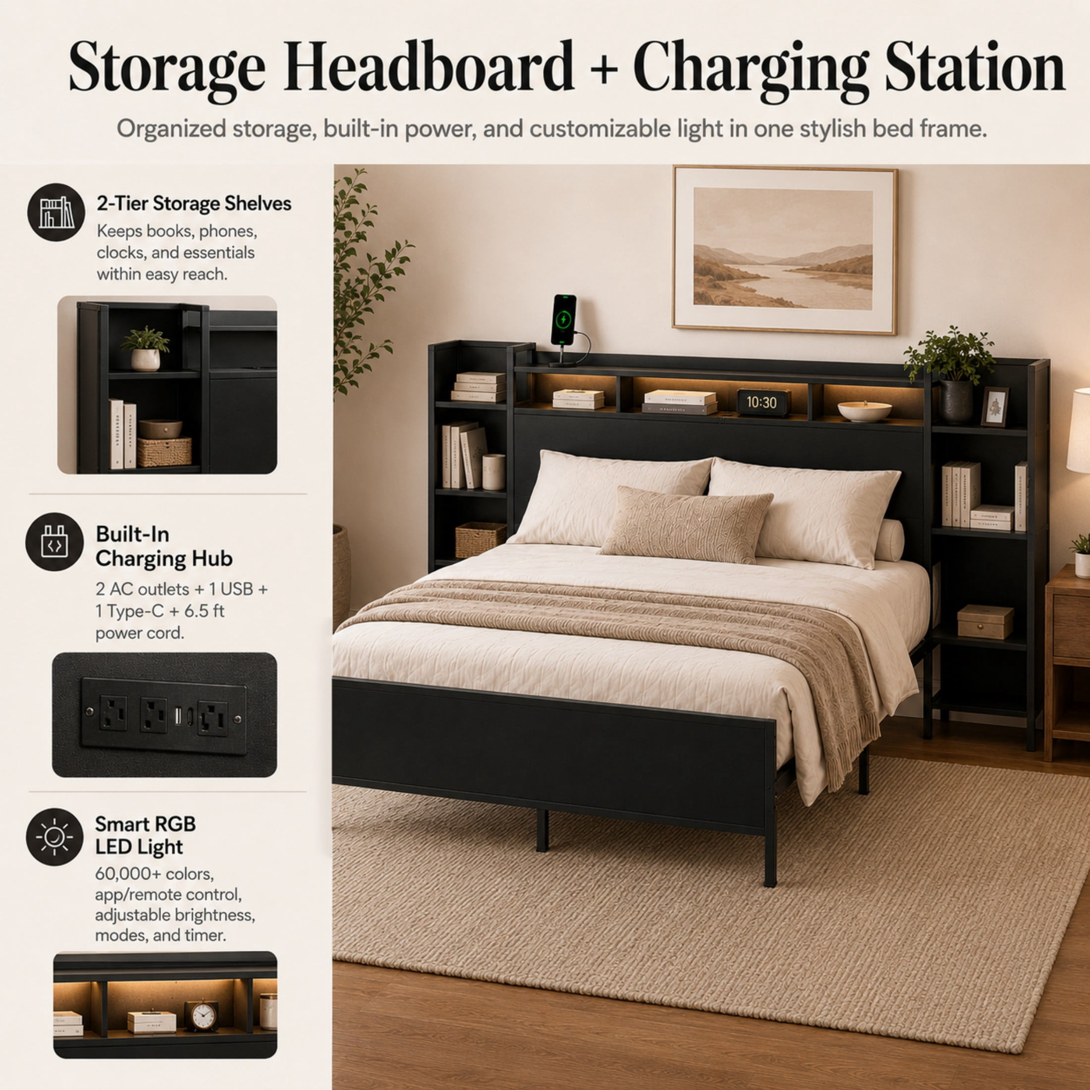 Aukfa Twin Bed Frame with Storage Headboard, USB Charging Station & LED Lights, Heavy Duty Metal Platform Bed with Outlets, No Box Spring Needed, Black
