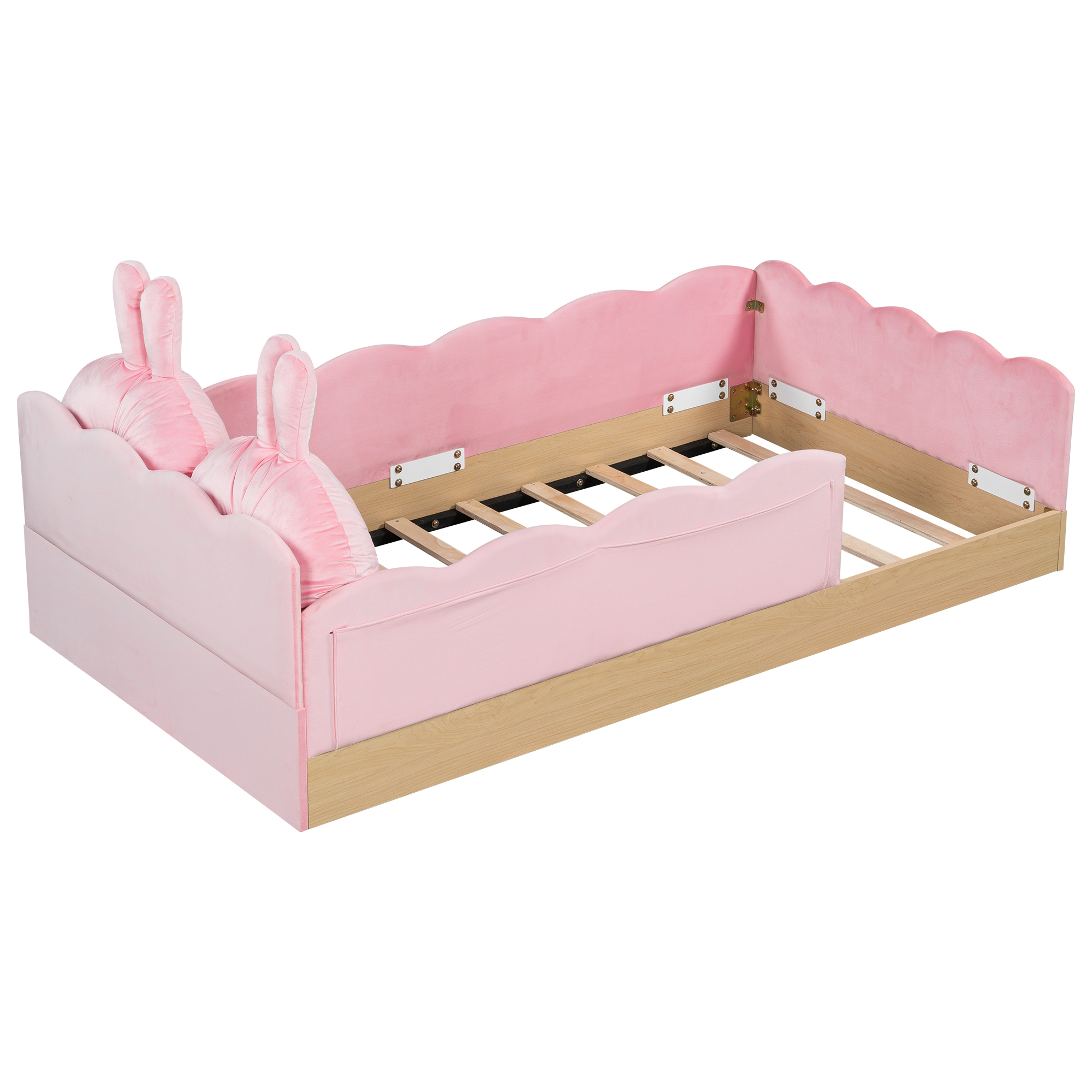Euroco Upholstered Twin Size Platform Bed, Cartoon Floor Bed with Pillows and Storage Bags, Pink