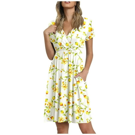 

Juebong Fashion Women Summer Casual V-Neck Print Short Sleeve Fold Mini Dress