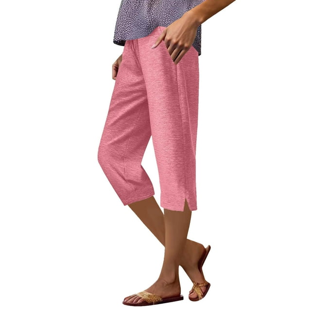 Side Split Capris Cotton Pants for Womens Drawstring Elastic Waist Capris Tummy Control Athletic-Fit Work Capris Office Work Capris Bussiness Pants with Pockets