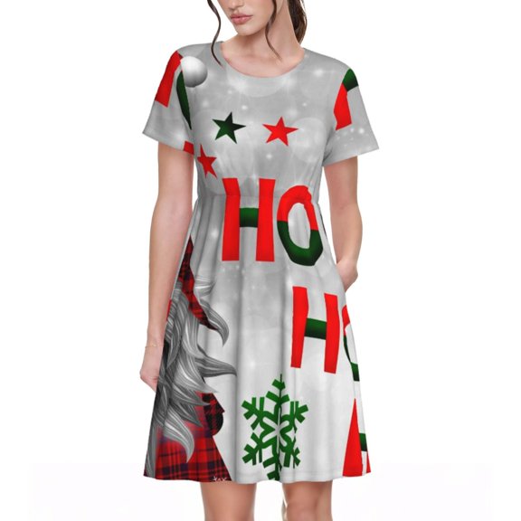 Naloa Cute Santa Print Womens Summer A-Line Dress with Pockets,Short Sleeve Dresses,Flowy Beach Swing Dress for Vacation Travel