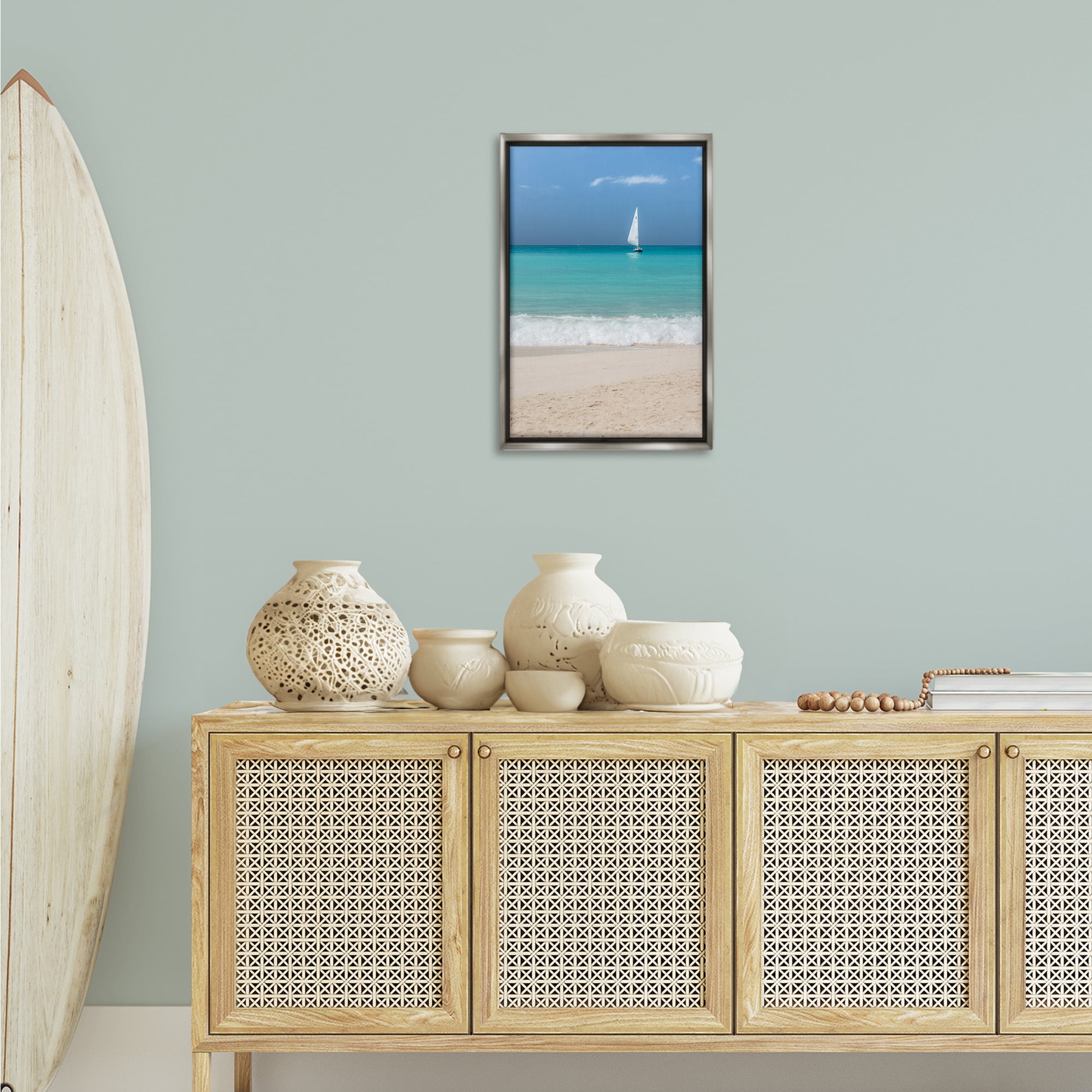 Stupell Industries Lone Sailboat Beach Tide Nautical & Beach Photography Gray Floater Framed Canvas Art Print Wall Art, 17 x 25