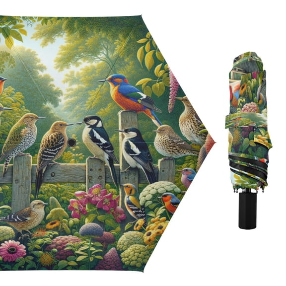 Compact Sun Umbrella Windproof Travel Umbrellas for Rain Strong Portable UV Protection Various Birds on Wooden Fence