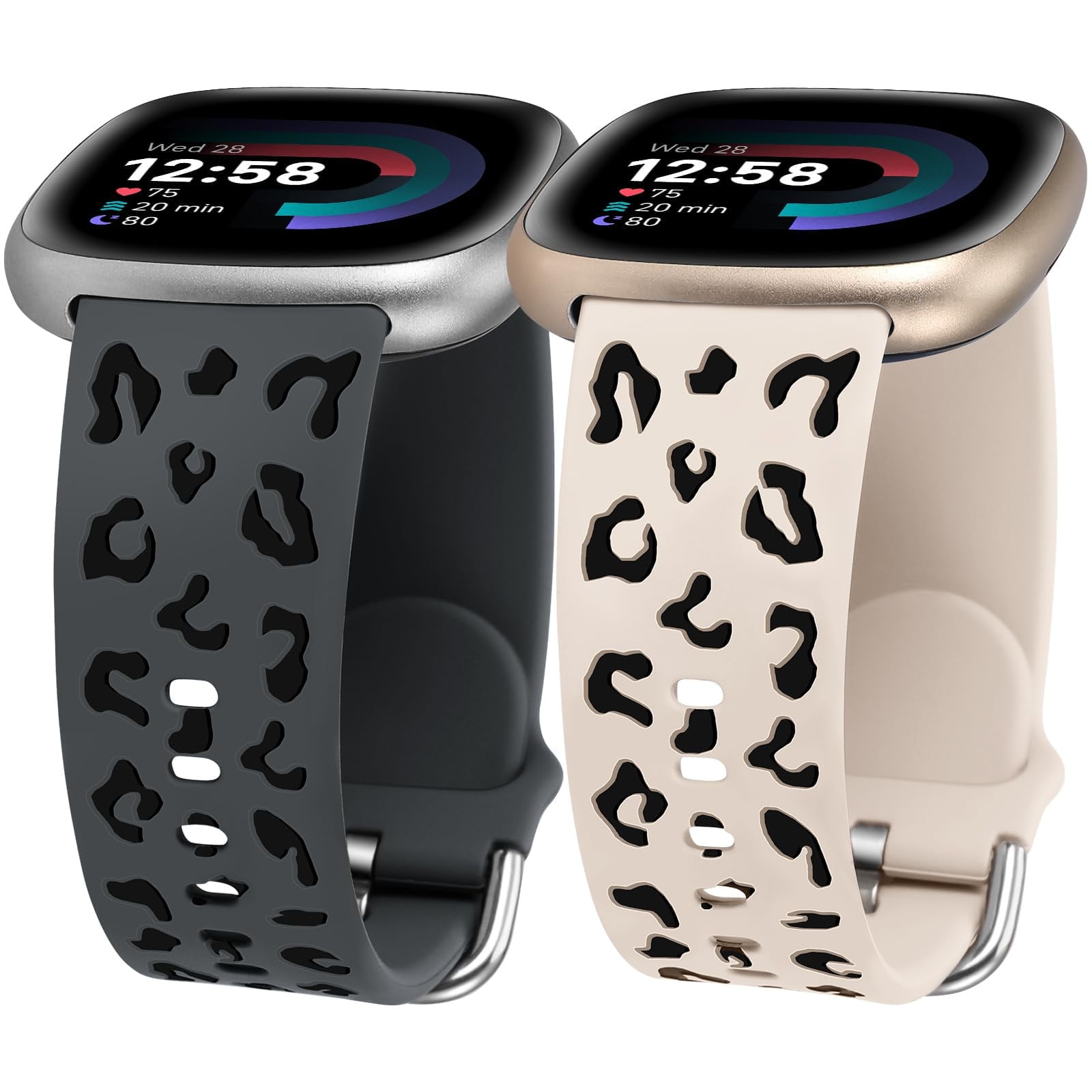 TOYOUTHS 2 Pack Leopard Engraved Band Compatible with Fitbit Versa 4/Versa 3/Sense 2/Sense Band Women, Two-Tone Cheetah Soft Silicone Sport Designer Summer Replacement Wristband Strap for Versa 4