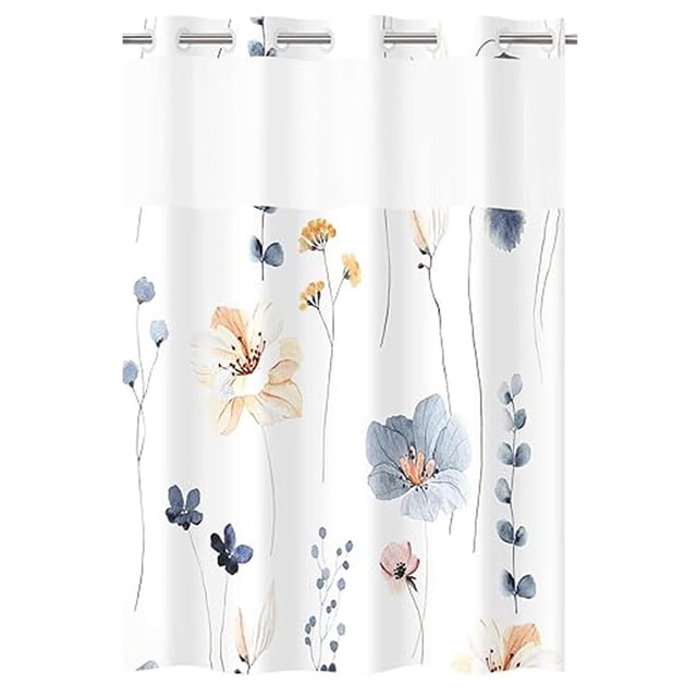 Cortina de ducha sin ganchos con forro a presión - Cortina de ducha con diseño floral de acuarela - Forro interior de tela impermeable, cortinas de ducha de tela blanca con plantas y flores, lavables