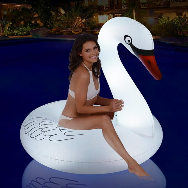 Flotador inflable para piscina Swan Junbig, funciona con energía solar y luz LED