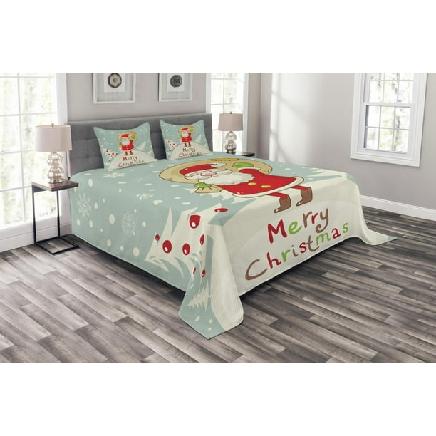 Santa Bedspread Set, Merry Christmas Theme Cute Santa with a Sack of