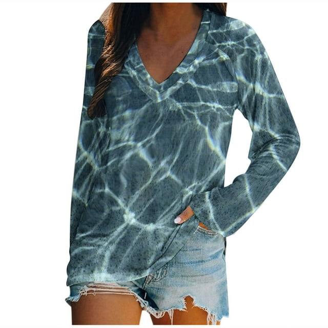 Camiseta de manga larga estampada convencional con cuello en V informal para mujer a la moda Fridja FKASFK3615