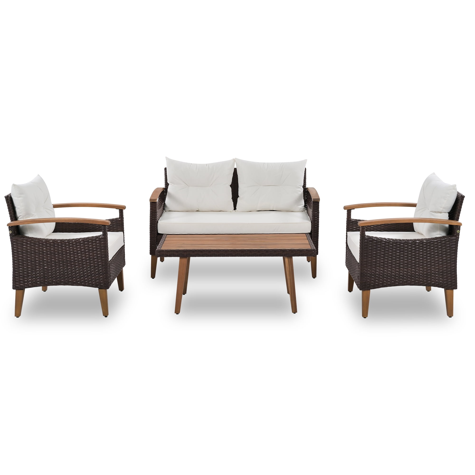 Harper & Bright Designs Patio Conversation Set, 4-Piece Outdoor Garden Furniture Set, Patio Seating Set, PE Rattan Outdoor Sofa Set, Wood Table and Legs, Brown+Beige+Wood