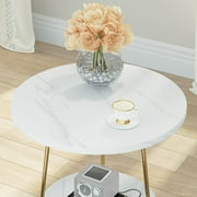 Marble End Table, 2 Tier Round Side Table with Shelves, Modern Gold Nightstand Bedside Table Small Coffee Accent Table for Living Room Bedroom, White and Gold