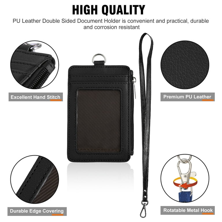 ELV Badge Holder with Zipper and Retractable Lanyard, PU Leather ID Badge Card Holder Wallet with 5 Card Slots, RFID Blocking Pocket, Adjustable
