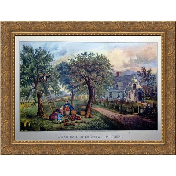 American Homestead Autumn 24x18 Gold Ornate Wood Framed Canvas Art by Currier and Ives