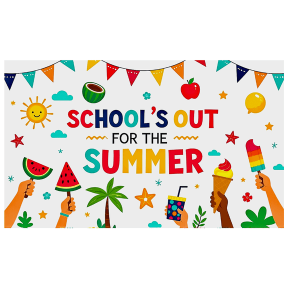 Colorful Summer Themed Banner with Sun Watermelon Ice Cream Balloons Stars Background Decor for Summer Parties Picnics Outdoor Gatherings Celebrations