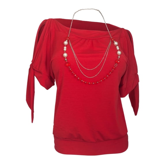 eVogues Women's Cold Shoulder Top with Necklace Detail Red