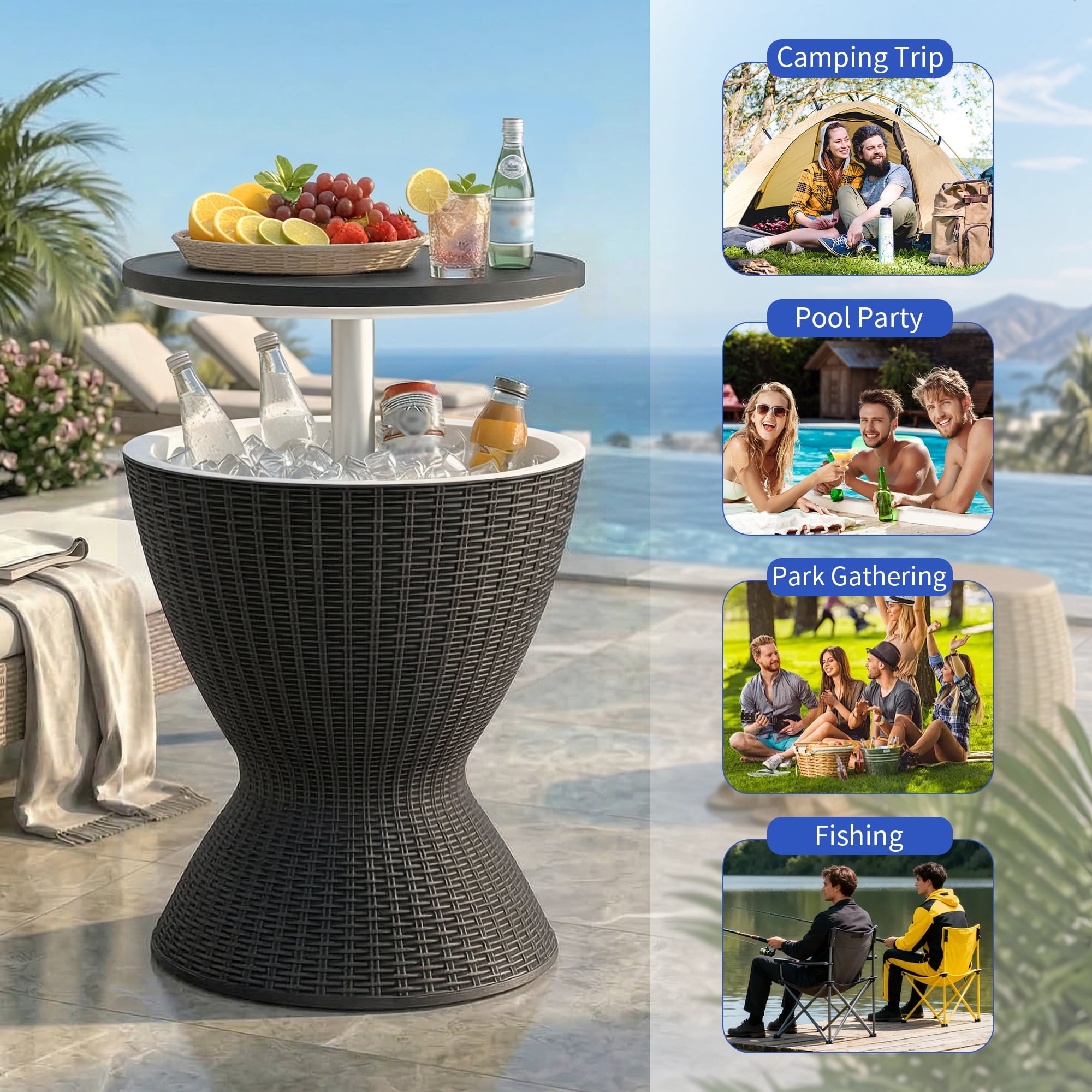 Fazzn  Outdoor Cooler Side Table - 3 in 1 - Designed for use as Outdoor Side Table, Patio Decor and Ice Chest.Black/Brown