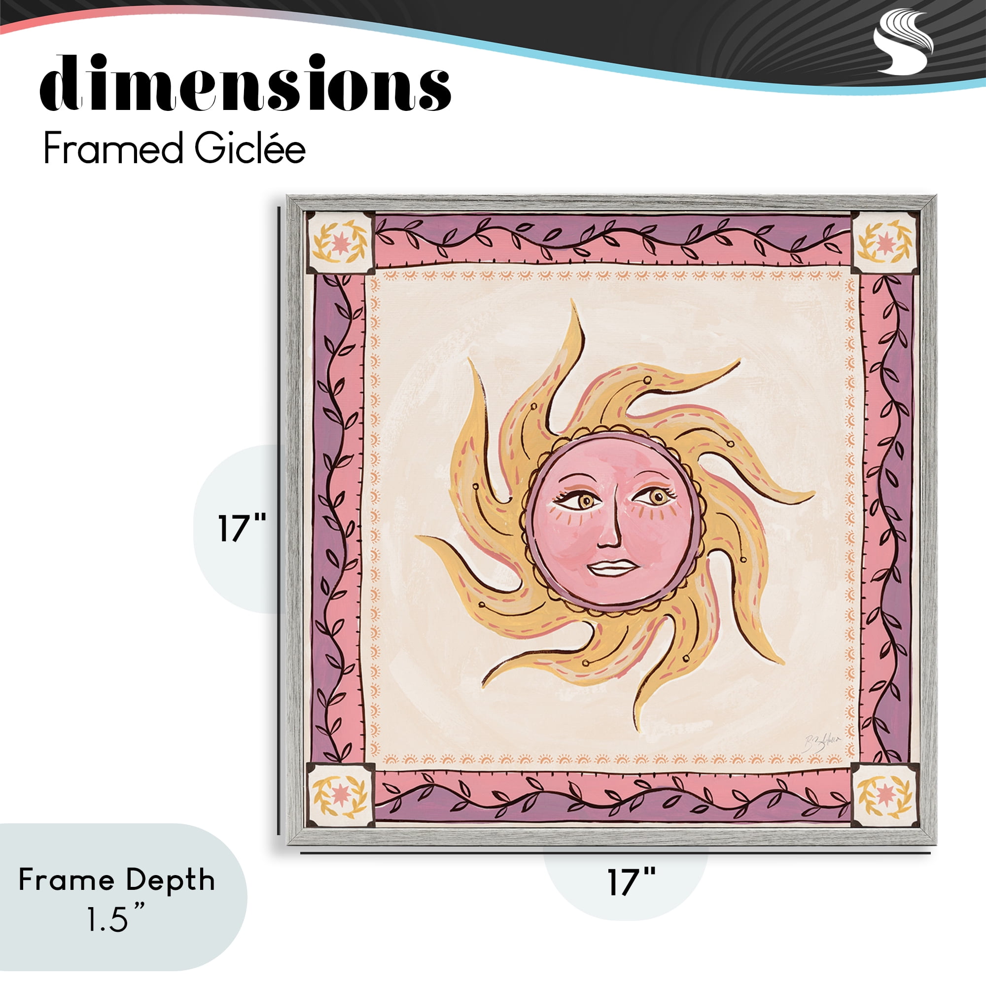 Stupell Industries Pink Sun Face with Leaf Border Gray Framed Giclee Art, design by Two If By Sea Studios