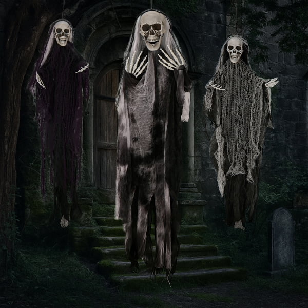 3-Pack Halloween Hanging Grim Reaper Decorations, Adjustable Arms, Realistic Skull/Fabric Robes, Indoor/Outdoor Use