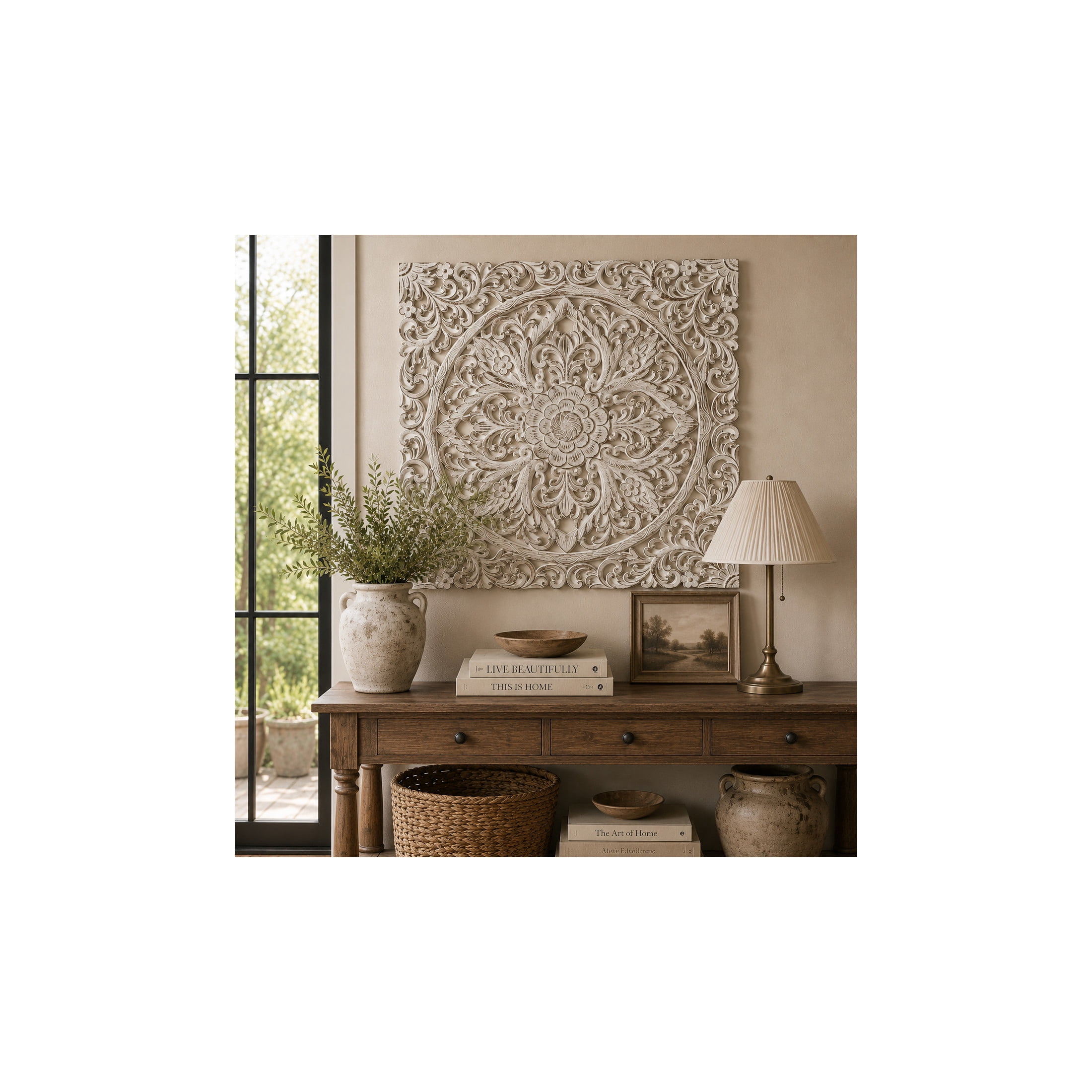DecMode Traditional White Wood Carved Filligree Medallion Pattern Wall Décor , 36"W x 36"H