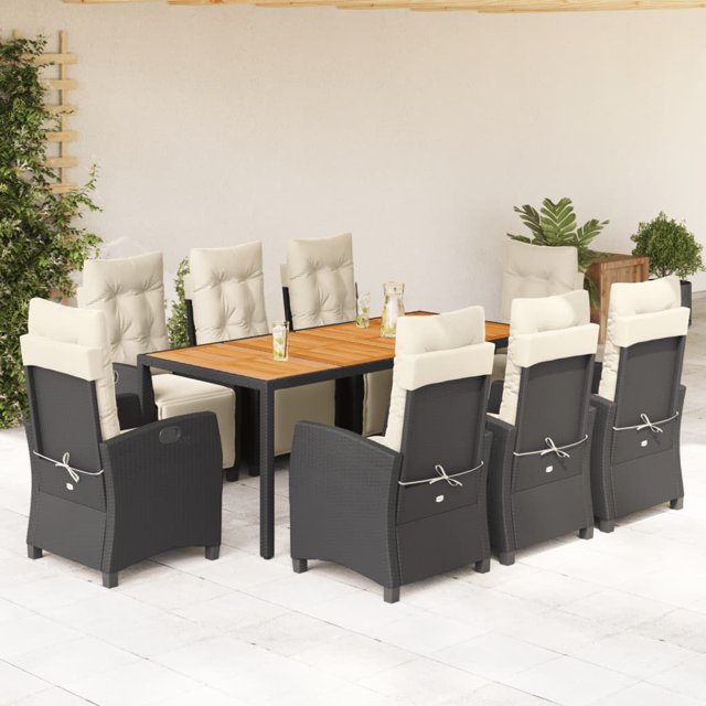 vidaXL 9 Piece Garden Dining Set with Cushions Black Poly Rattan