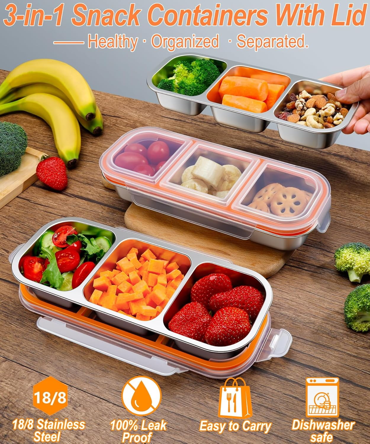 BAOKALER 20 OZ/600ml Stainless Steel Lunch Box, Silver, Three Compartments (Set of 3), Packaged in Kraft Paper Box. Material: 304 Stainless Steel, US Standard Silicone, PP Lid